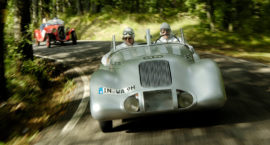 Audi Tradition in an Auto Union Silver Arrow at the silver jubilee