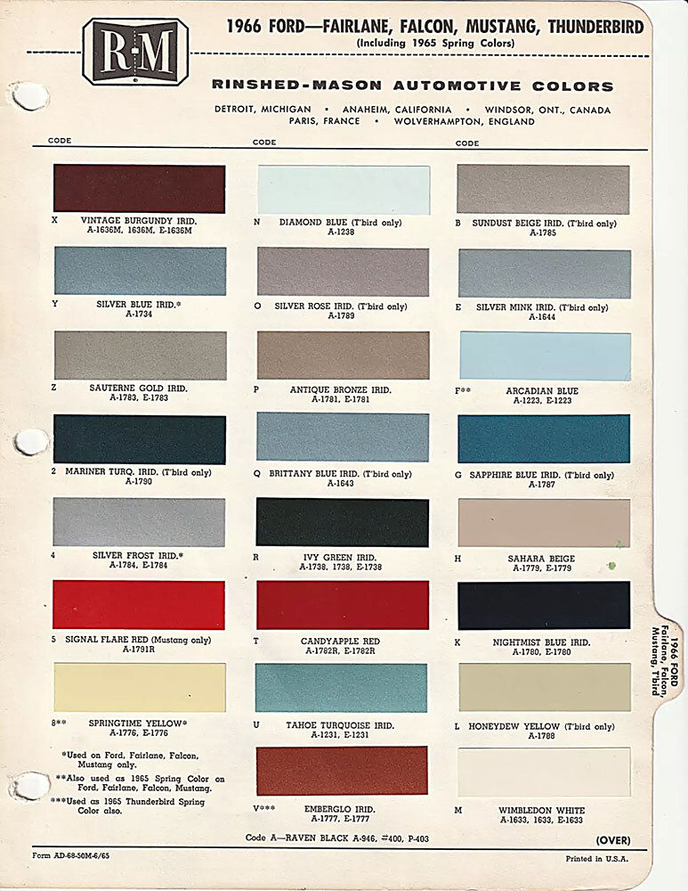 1966 Mustang paint colors chips