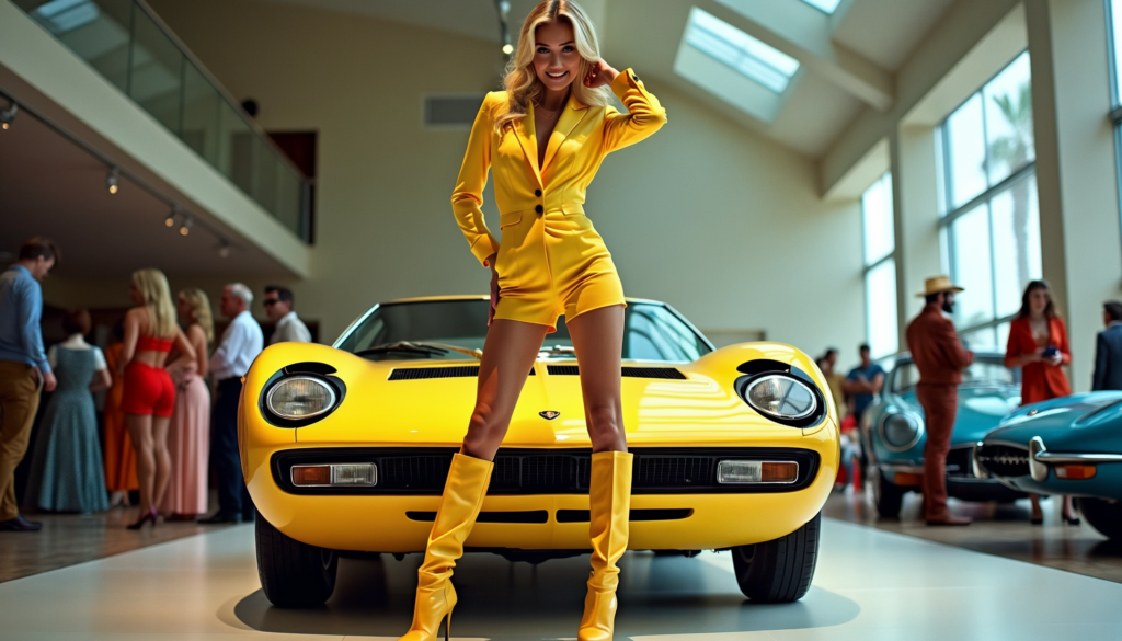 Blonde supermodel in yellow in front of yellow Lamborghini Muira