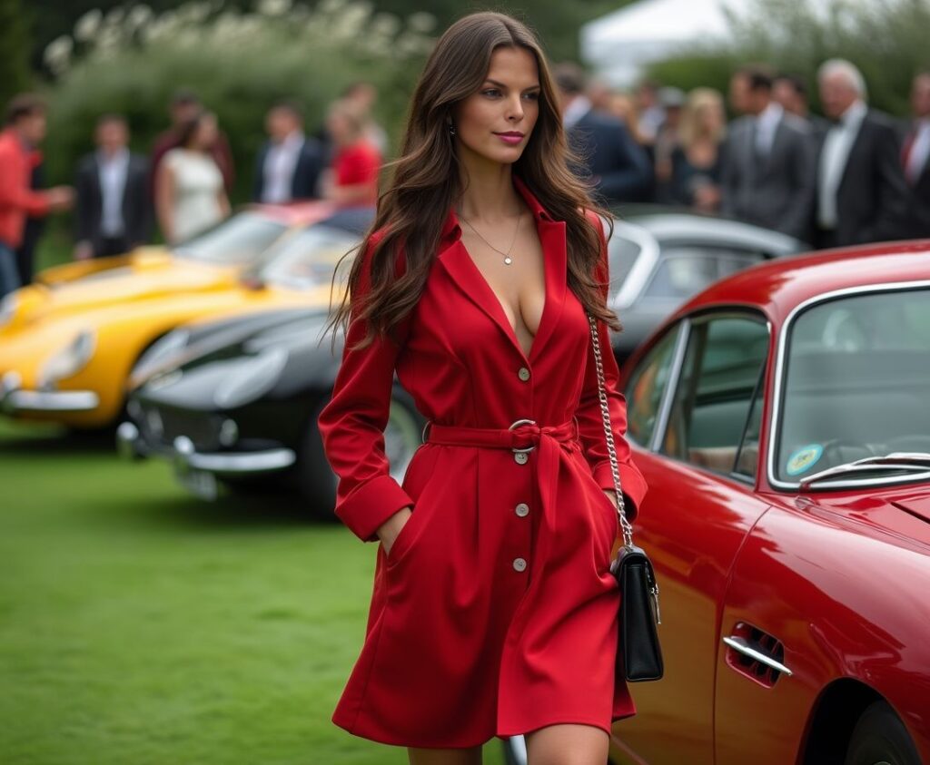 Alison Flux in sexy red dress with Italian supercars 