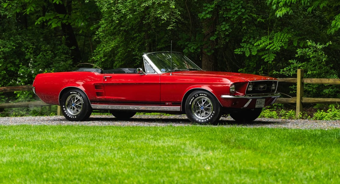 1967 Ford Mustang ragtop side view red copy