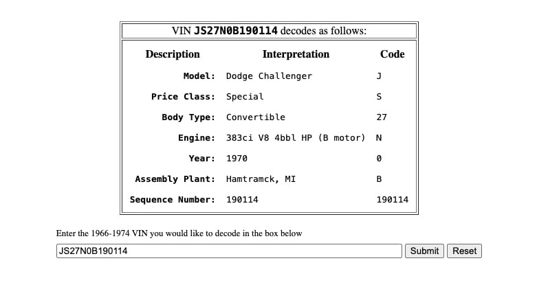 1970 Dodge Challenger RT convertible Mopar VIN decoded