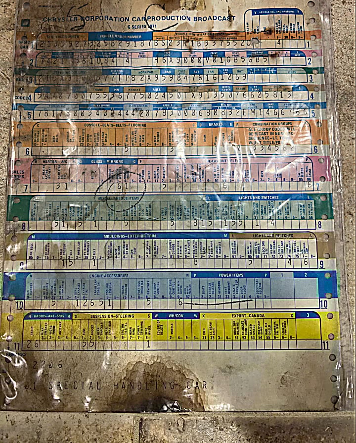 1971 Hemi Cuda broadcast sheet decoder example