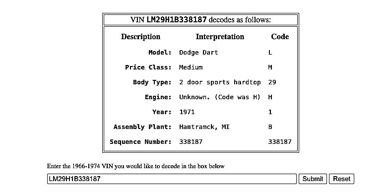 1971 Dodge Demon Swinger Mopar VIN decoded