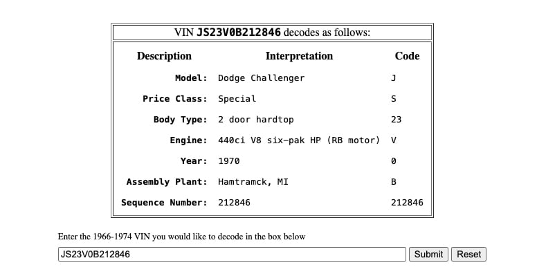 1970 Dodge Challenger RT Mopar VIN decoded