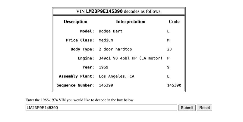 1969 Dodge Dart Swinger Mopar VIN decoded