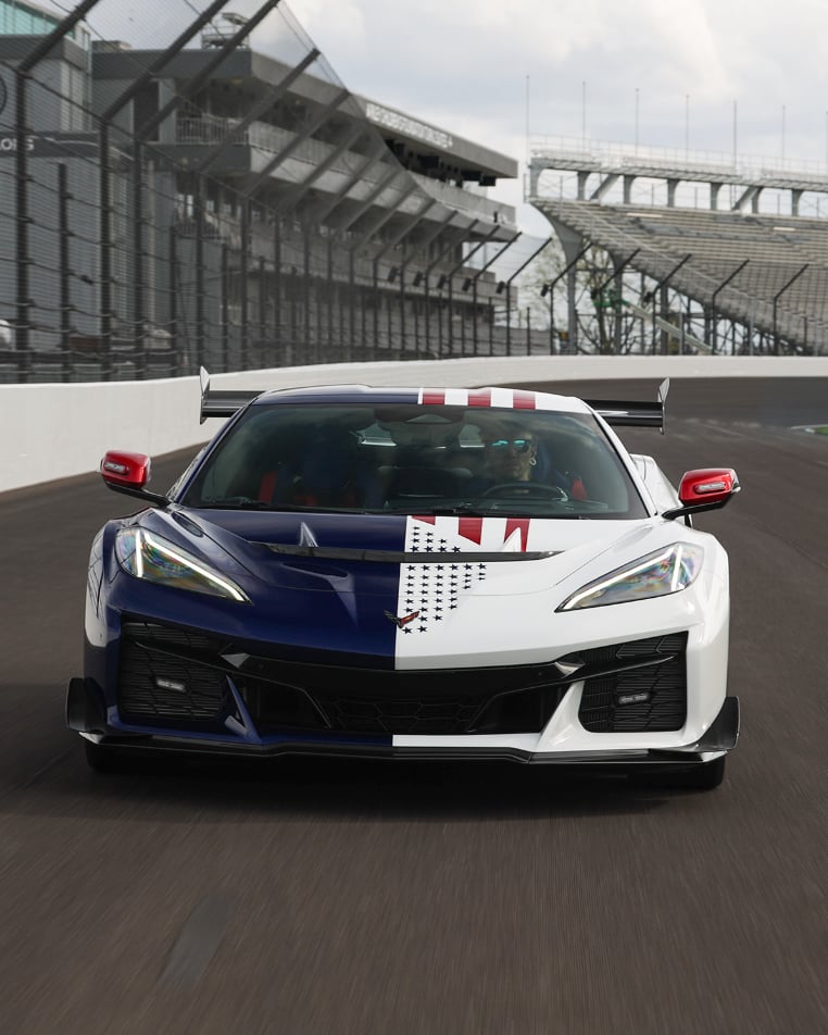 2026 Corvette ZR1X head on vertical Indy 500 pace car in your face copy