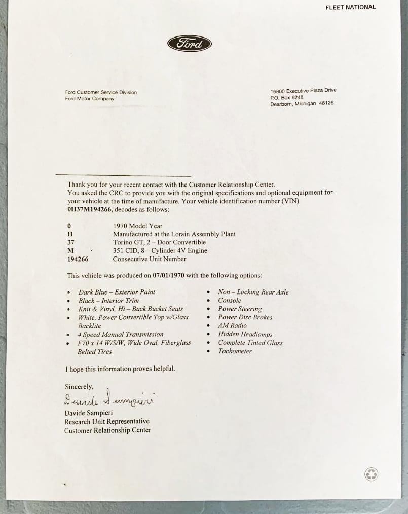 1970 Torino fleet national letter indicating equipment on convertible copy